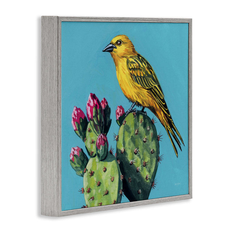 Giclée encadrée, oiseau jaune sur cactus en fleurs, design par Kate Jarvik Birch, H 12 po x l 12 po