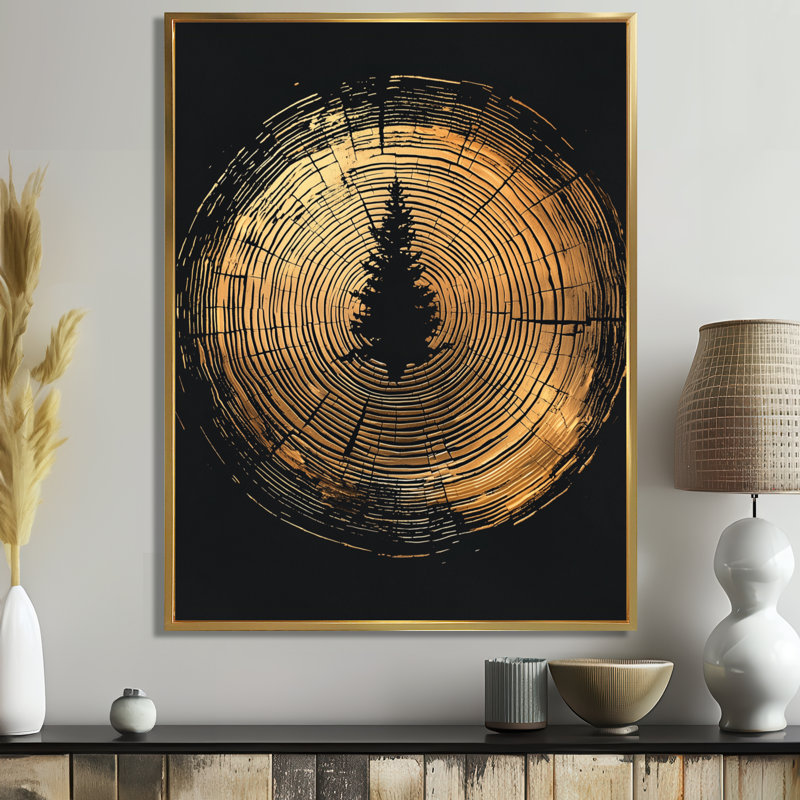Gocha noir et or abstrait de l'anneau d'arbre II - glissade sur bois, impression sur toile, H 32 po x l 16 po, Doré