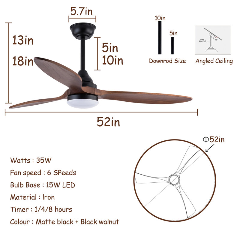 52 Inch Ceiling Fan With Lights And Remote Control, Reversible Dc Motor, 3 Solid Wood Blades, Indoor Ceiling Fan For Bedroom, Living Room, Dining Room