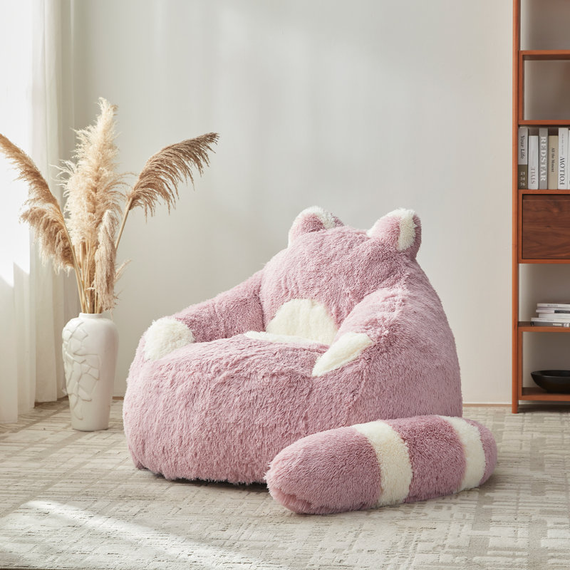 Raccoon Design Faux Rabbit Fur Bean Bag Chair with Detachable Tail Pillow, for Adults & Kids, Pink Faux Fur