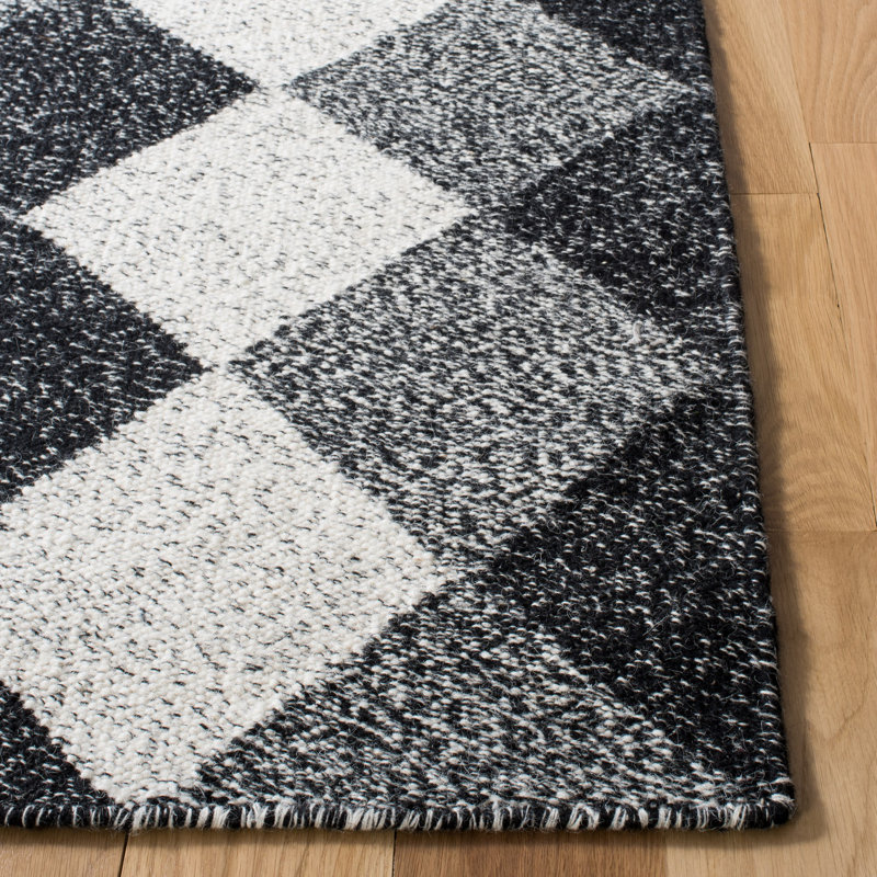 Kilim Flat Weave Wool/Cotton Geometric Rug in Black, Runner 2'3" x 9'