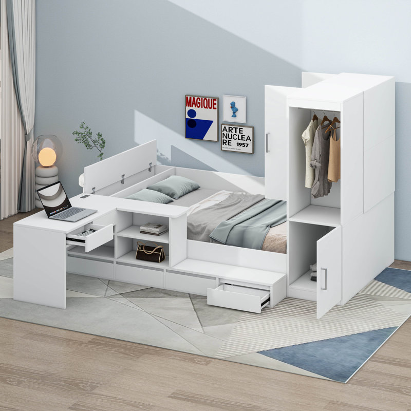 Full Size Platform Bed With 6 Storage Drawers, Wooden Daybed With Desk, Sheves And Wardrobe, White