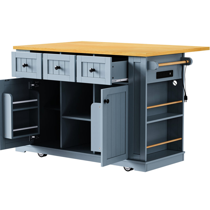 Îlot de cuisine roulant gris-bleu de 53 pouces - avec rangement interne, abattant mobile et station de charge pliable Power Connections