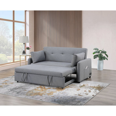 Canapé-lit convertible en lin gris de 69 po Ravenna avec ports USB, prises de courant, poches, coussins, capitonnage