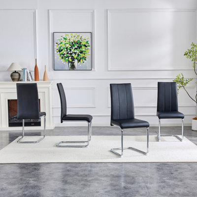 Ensemble de 4 chaises de salle à manger rembourrées en polyuréthane noir - Chaises d'appoint modernes à haut dossier avec pieds robustes en fer chromé pour la salle à manger, la cuisine et le salon