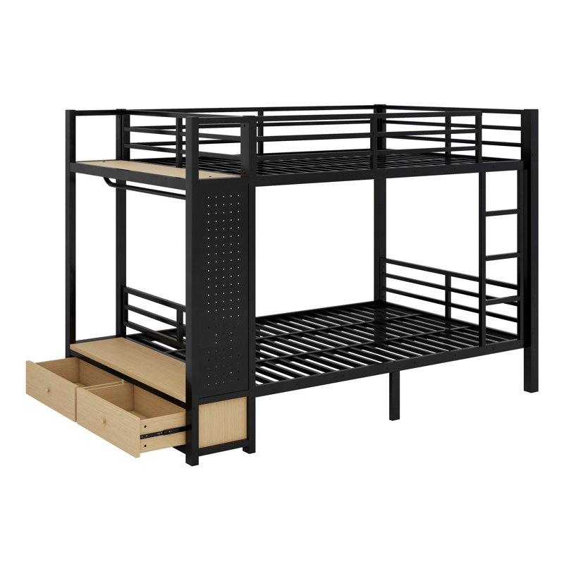 Lit superposé en métal pour les adolescents avec tablettes de rangement, tiroirs et panneau perforé, Double sur double