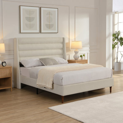 Grand lit plateforme avec tête de lit tapissier et tête de lit grand format, tissu chenille de qualité supérieure, lit plateforme minimaliste moderne sans sommier, assemblage facile, ivoire