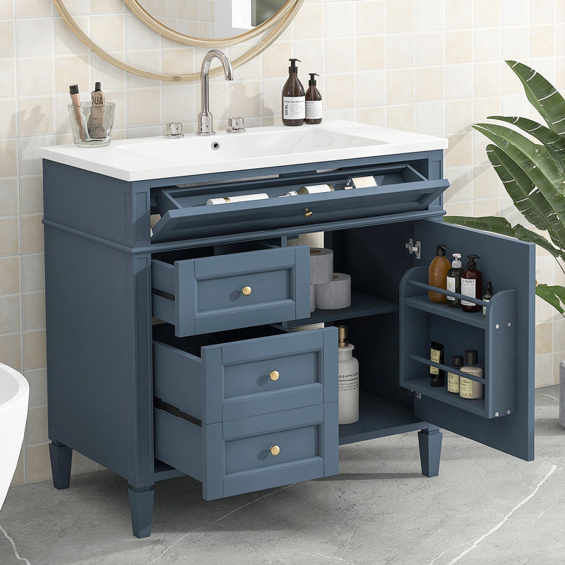 Meuble-lavabo de salle de bain 36 po avec lavabo supérieur, Bleu