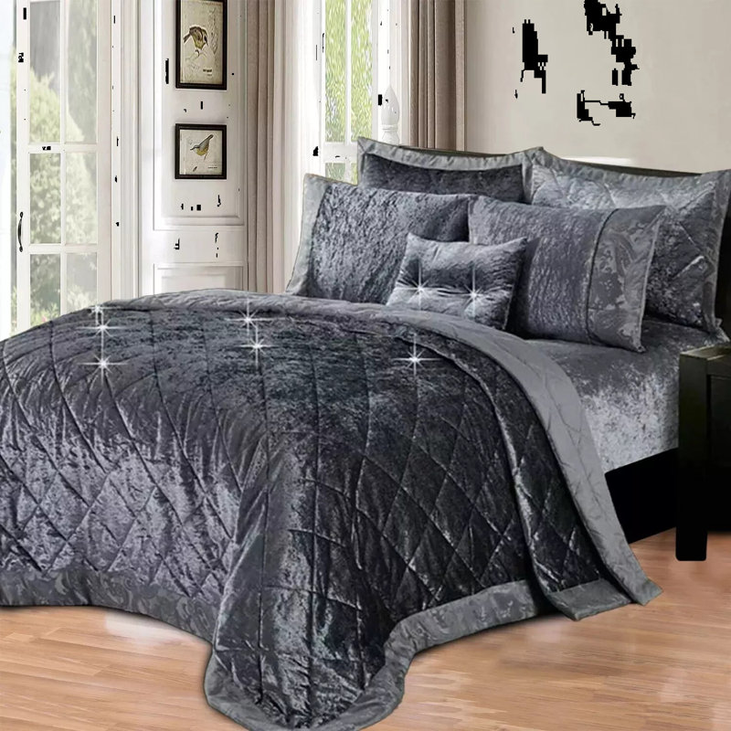 Velvet Bedspread with Pillow Shams, Super King Bedspread+ 2 Standard Shams, Grey