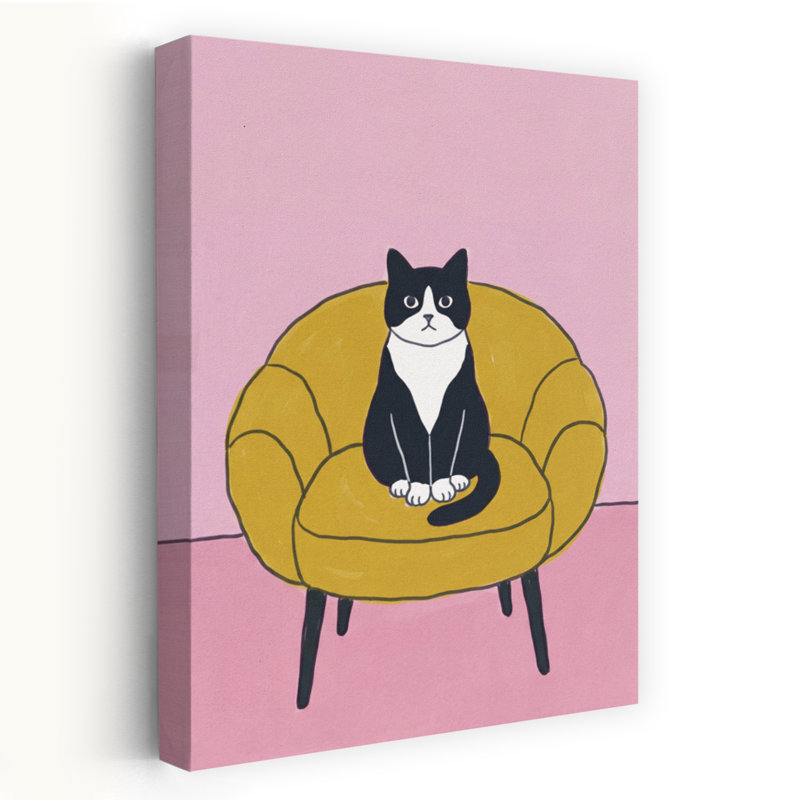 Chat noir, chaise jaune, élégant, chat moderne, architecture, art mural, H 18 po x l 12 po