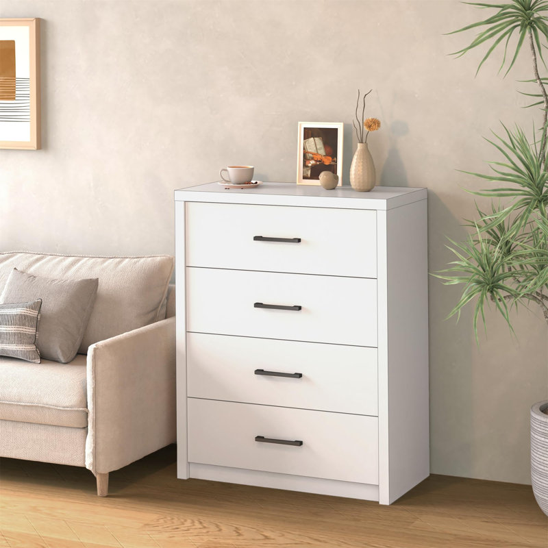 Commode 4 tiroirs en bois - Commode large pour chambre à coucher, salon ou bureau personnel, Blanc