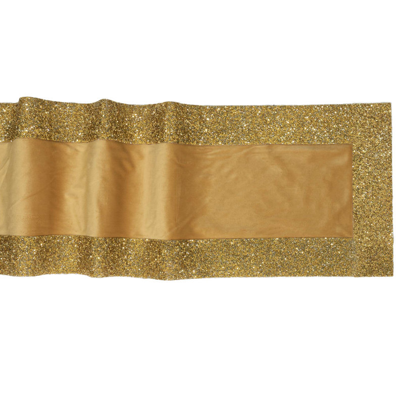 Gold Polyester Velvet Table Runner with Rhinestone Border