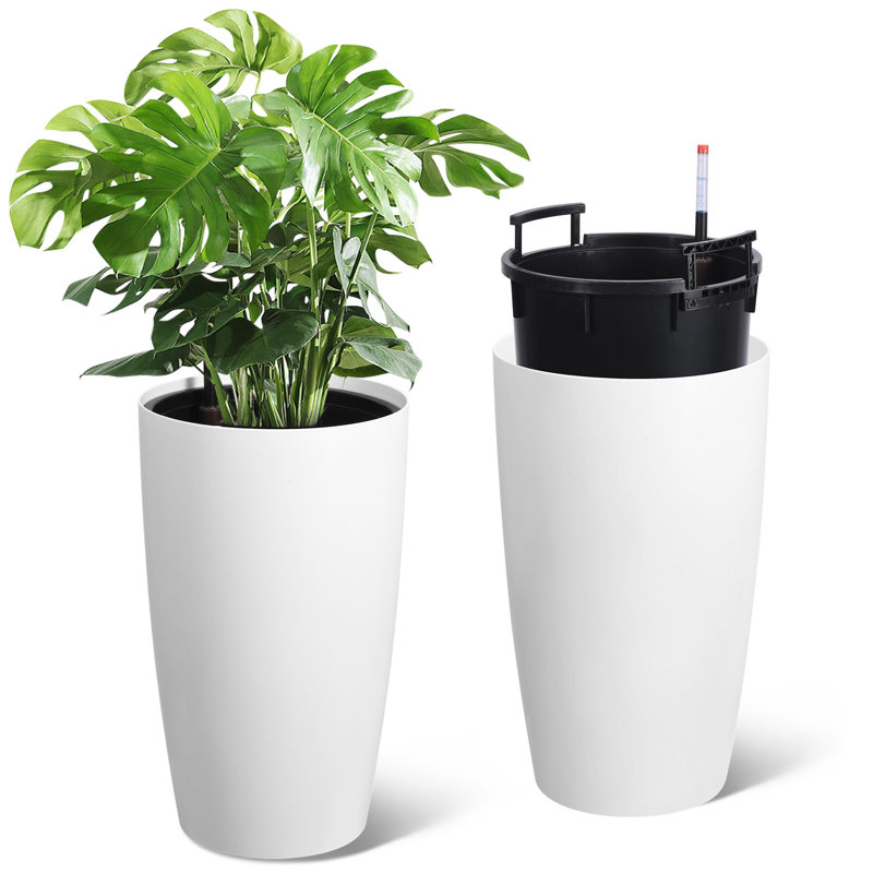 Self-Watering Tall Planters Set of 2, 16" Large Plant Pots with Drainage & Water Level Gauge, Indoor Outdoor Flower Pot for Patio, Porch, Living Room