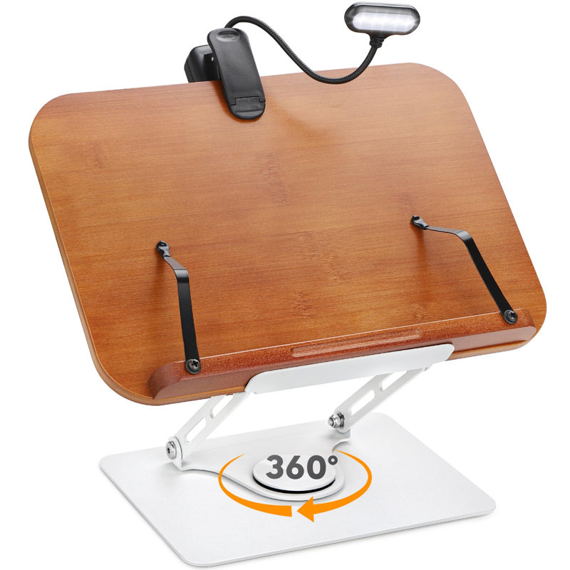 Book Stand For Reading With 360° Rotating Base, Adjustable Book Holder Cookbook Stand For Desk With Book Light, Foldable Desktop Stand For Textbook, Recipe, Sheet Music, Laptop