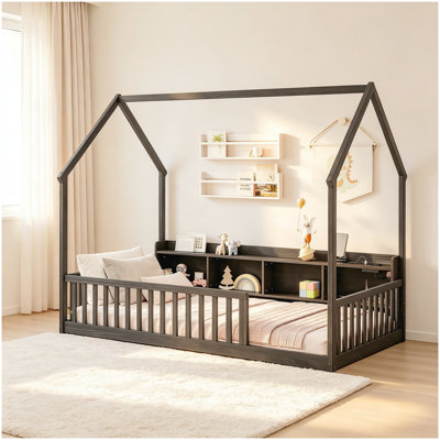 Lit simple au sol avec tablettes de rangement, lumières à DEL intégrées et station de charge, lit en bois de pin avec garde-corps de sécurité, espresso