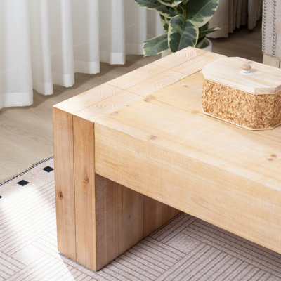 Table basse de 49 po en bois, table centrale en bois d'ingénierie avec pieds en bloc pour salon de style campagne moderne