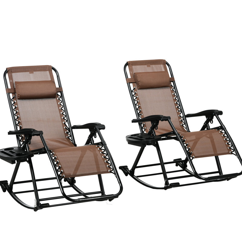 2 chaises berçantes d'extérieur, chaise berçante pliable à gravité zéro avec coussin, porte-gobelet et téléphone, brun. Structure en métal, chaise d'escalade en tissu respirant, support 2Pcs Space Efficient Choice. Brun