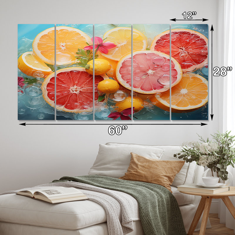 Agrumes tropicaux IV - fruits, art mural salon - 5 panneaux égaux