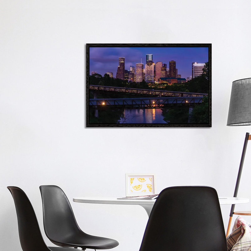 Elevated Walkway Over Buffalo Bayou At Night With Downtown Skyline In Background, Houston, Texas, USA 1 Piece Floater Frame Wall Art on Canvas