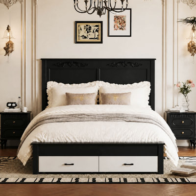 Lit Queen Size de style ferme américaine avec tête de lit sculptée et rangement, noir et blanc