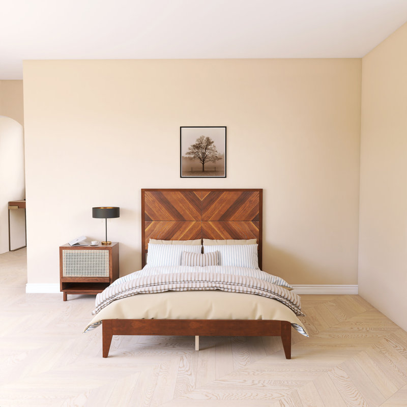 Lit plateforme Mid-Century à structure en bois avec tête de lit grain de bois, Double