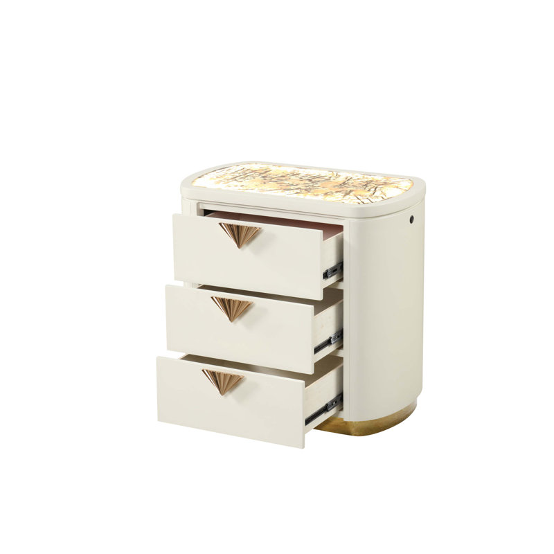 Table de chevet 3 tiroirs de style moderne, Beige/Gold
