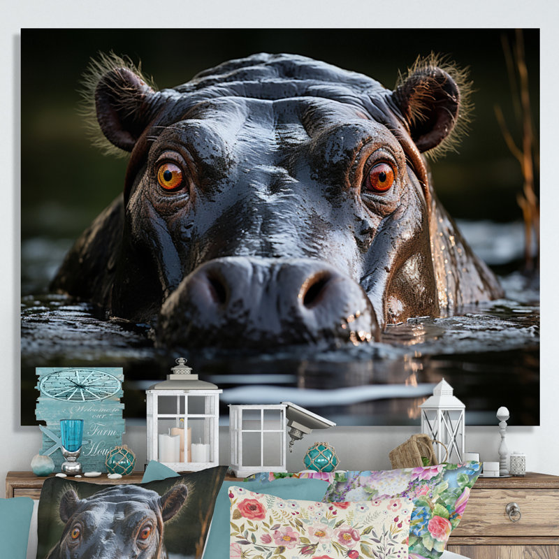 Hippopotamus Portrait Monochrome - Animals Canvas Art Print, Toile tendue, H 30 po x l 40 po x P 1,5 po