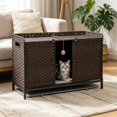 Mobilier pour chat, litière en rotin tissé à la main, meubles de salle de bain cachés pour chat avec porte / tapis, maisonnettes pour grand espace avec crochets en forme de s, salon, chambre à coucher