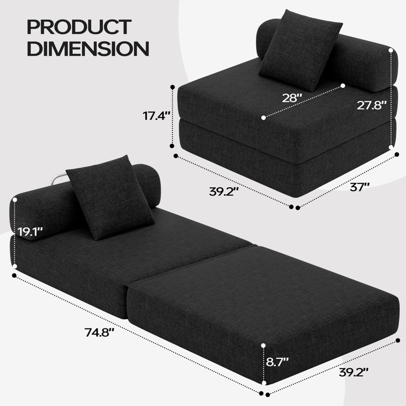 39.2'' Folding Sofa Bed, Floor Foldable Futon With Memory Foam, Black