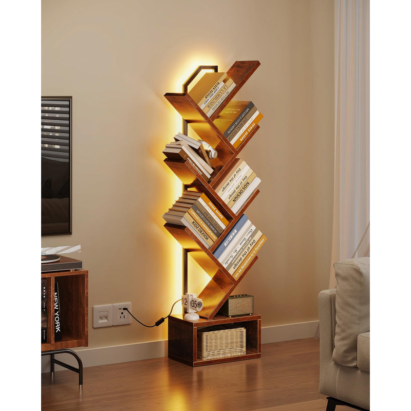 6-Tier Tree Bookshelf — Narrow Floor Standing Bookcase, Rustic Brown