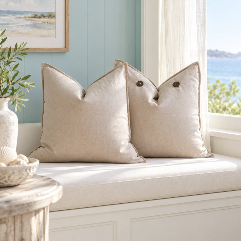 Housse de coussin décorative Aditya Birla 100 % lin, dos boutonné, Beige, Carré 20 po