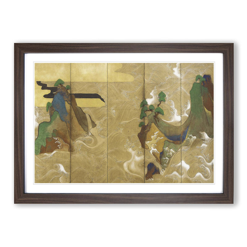 The Waves at Matsushima by Tawaraya Sotatsu - Picture Frame Painting Print, Walnut Framed, 27cm H x 36cm W x 2cm D