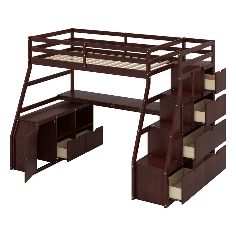 Lit mezzanine avec tiroirs, tablettes et bureau, Espresso