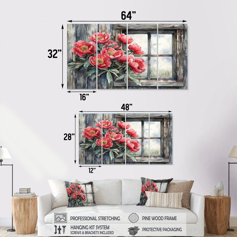 Pivoines à la fenêtre de la grange, 4, H 28 po x l 48 po