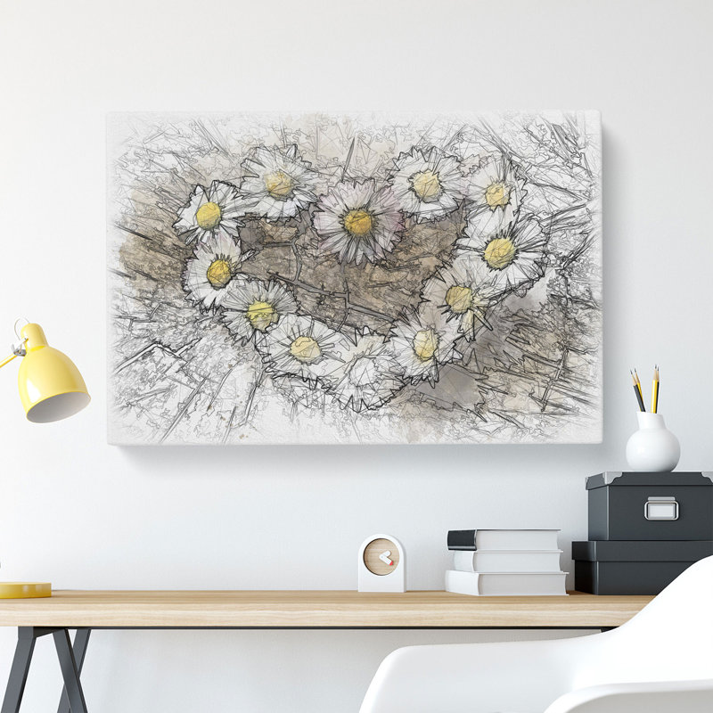 Daisy Heart Chain Sketch - Wall Art, 60cm H x 91cm W x 3cm D, Wrapped Canvas