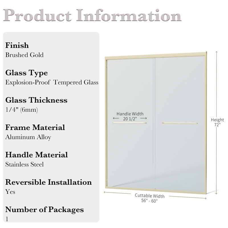 56 - 60" W X 72" H Semi-Frameless Double Sliding Shower Door With 1/4" (6Mm) Tempered Glass, Brushed Gold
