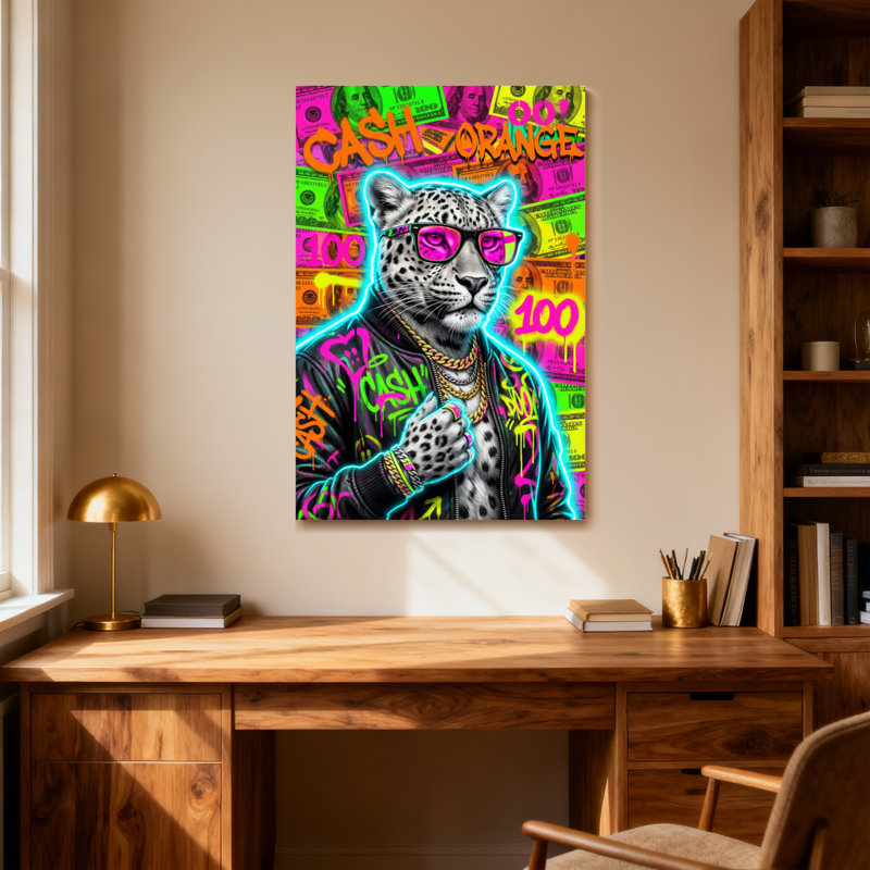 Animaux, léopard néon avec lunettes de soleil et fond d'argent, H 30 po x l 20 po