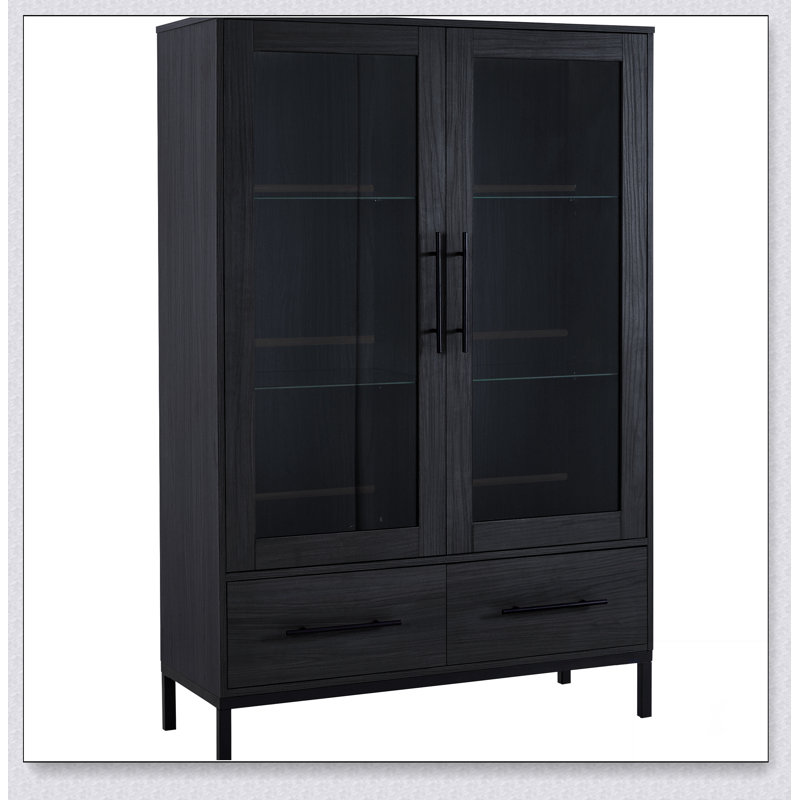 60'' Tall Display Cabinet with Tempered Glass Door, LED Lighting, Two Drawers, Modern Style Storage Cabinet for Living Room, Office & Study,