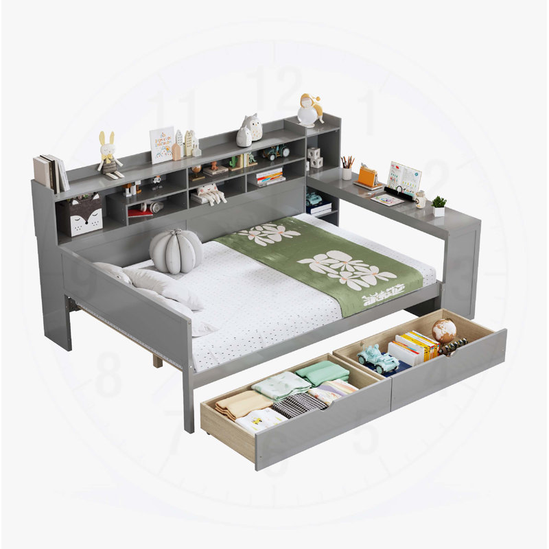  Lit de jour en bois avec tablettes de rangement, tiroirs et bureau d'étude pour une utilisation multifonctionnelle, Gris