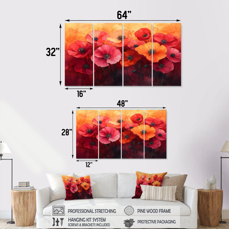 Ketcham - coquelicots - art mural traditionnel, 4, H 28 po x l 48 po