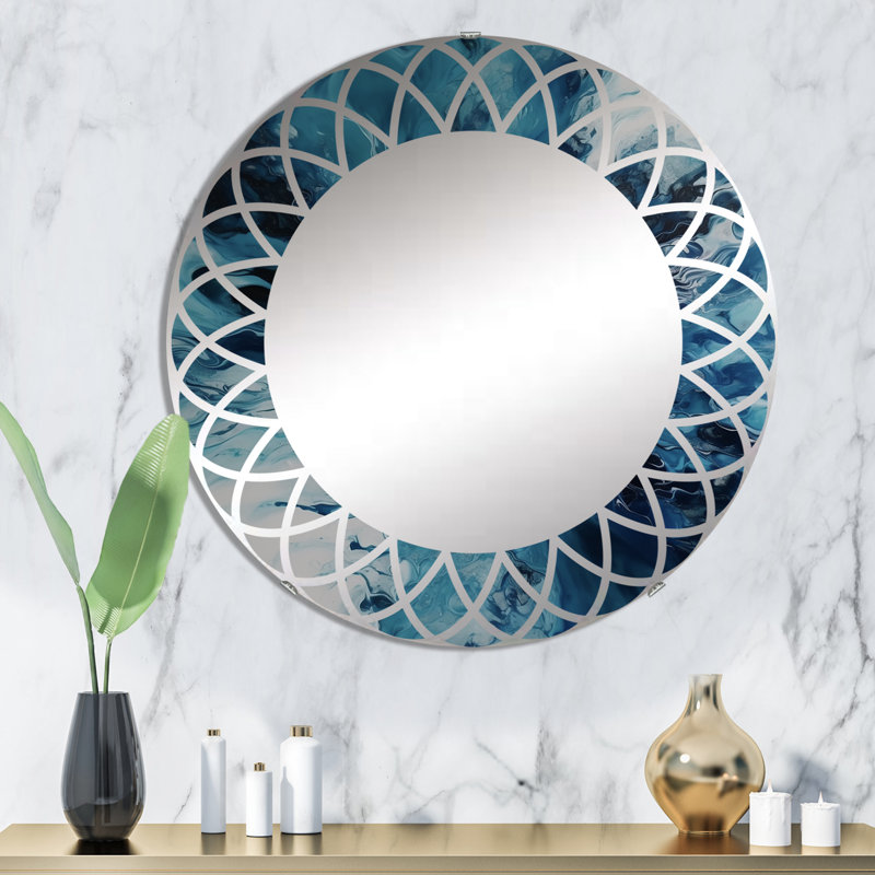 Miroir mural rond bleu sarcelle et noir Whimsy I, 32 po x 32 po