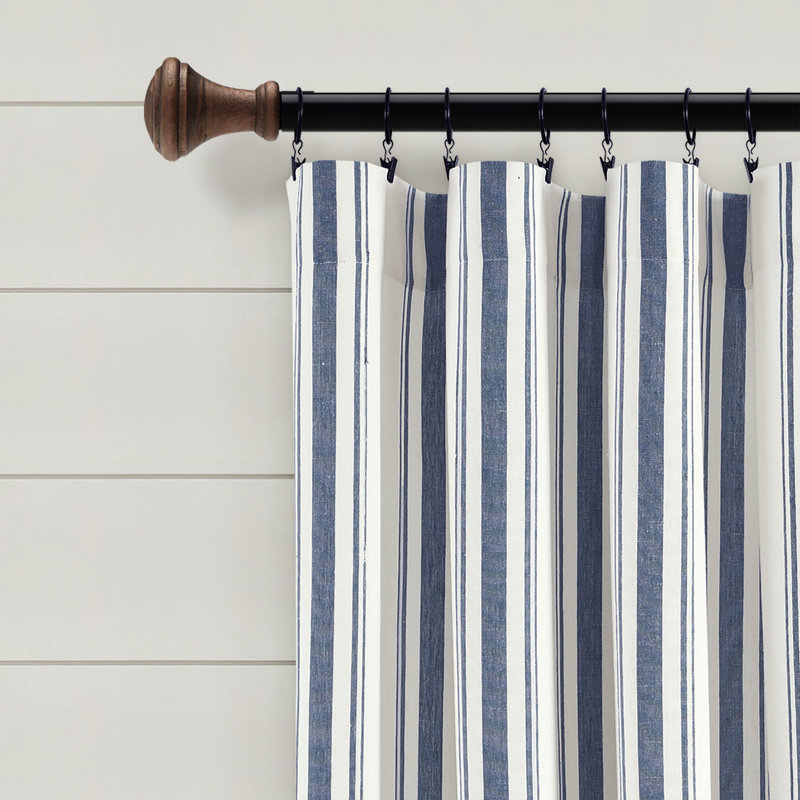 Navy and White Cotton Blend Striped Window Curtain Panels, 42"W x 95"L