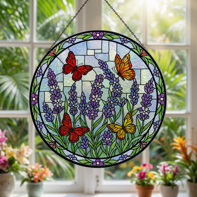 7.8"H Butterfly Lavender Stained Glass Window Panel, 7.8" H x 7.8" W