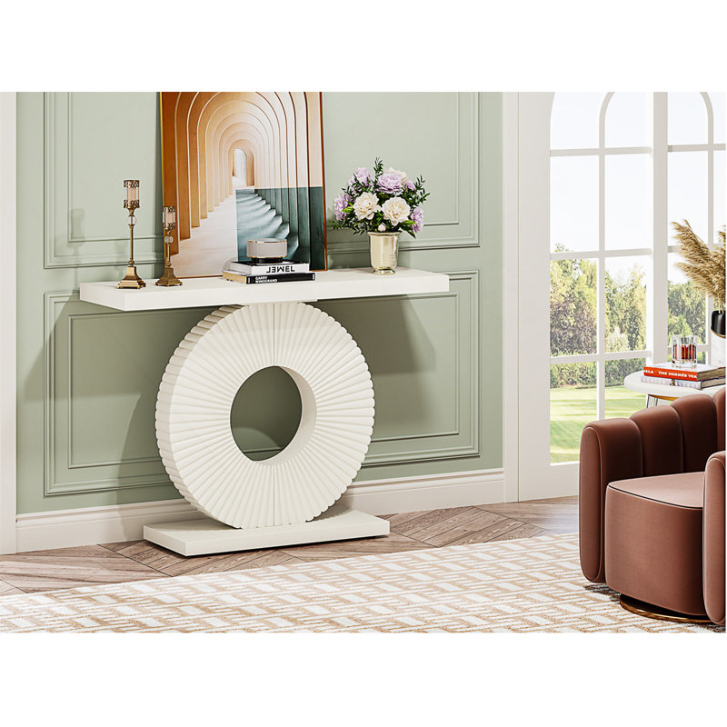Console moderne blanche avec base sculpturale à vagues géométriques, canapé d'appoint mince pour le couloir du salon, Blanc