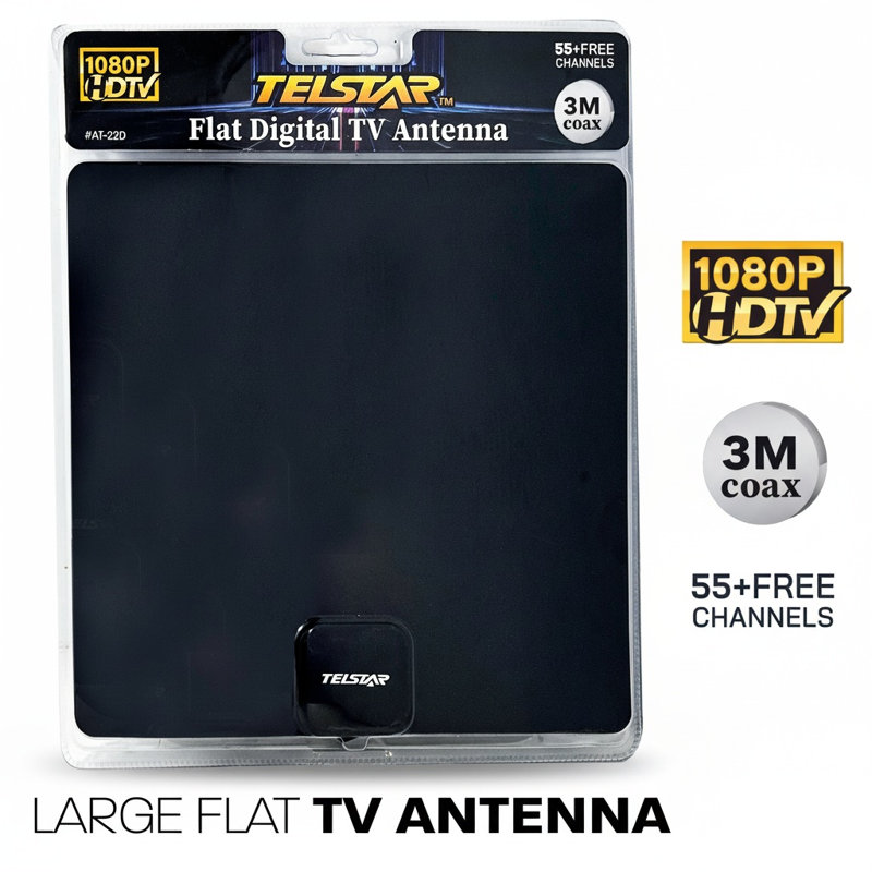 Large Flat Digital Tv Antenna, 13.2" H x 11" W, Black