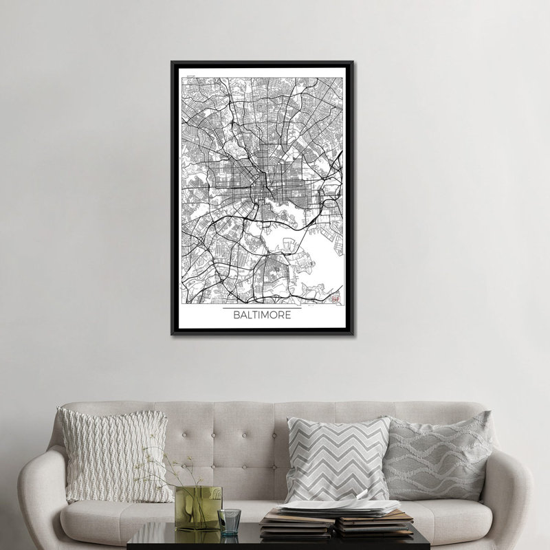 «Baltimore Minimal Urban Blueprint Map», impression sur toile, H 26 po x l 18 po x P 1,5 po, Toile avec cadre noir