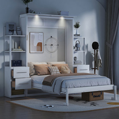 Full Size Murphy Bed With Shelves, Drawers, And LED Light For Space-Saving And Multi-Functionality