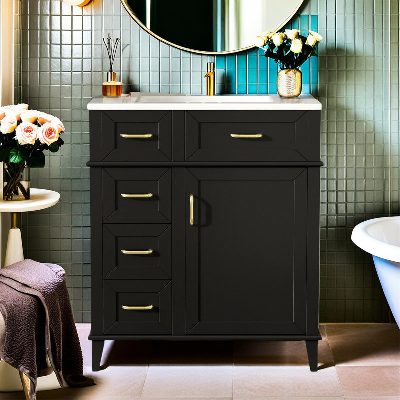 Meuble-lavabo moderne avec lavabo en céramique, tablette réglable, porte à fermeture en douceur et trois tiroirs à fermeture en douceur