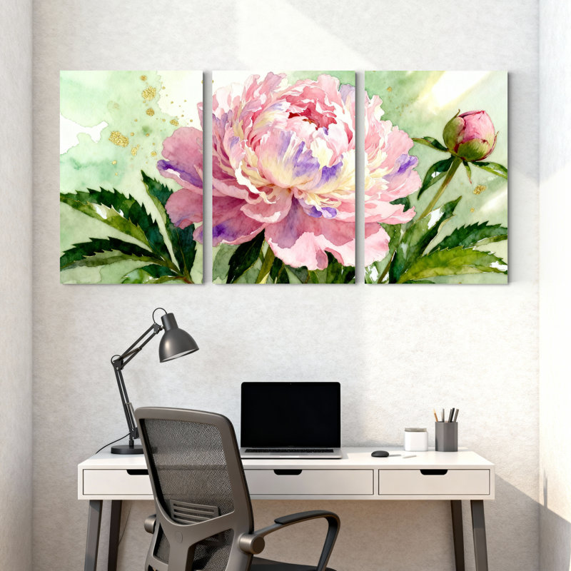 Pivoine fleur peinture à l'aquarelle sur toile tendue ensemble de 3 panneaux pour salon chambre à coucher, H 18 po x l 36 po