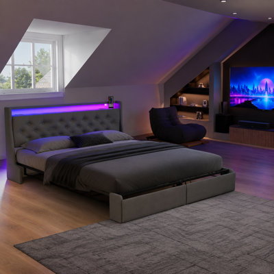 Queen Size Metal Bed Frame with RGB LED & USB Port, 2 Foot Drawers & Tufted Headboard for Modern Bedroom